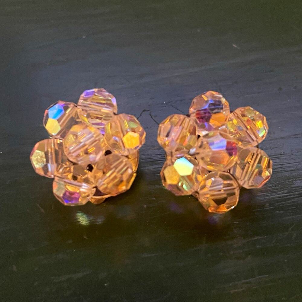 Vintage Aurora Borealis Earrings Crystal Flower Clip On